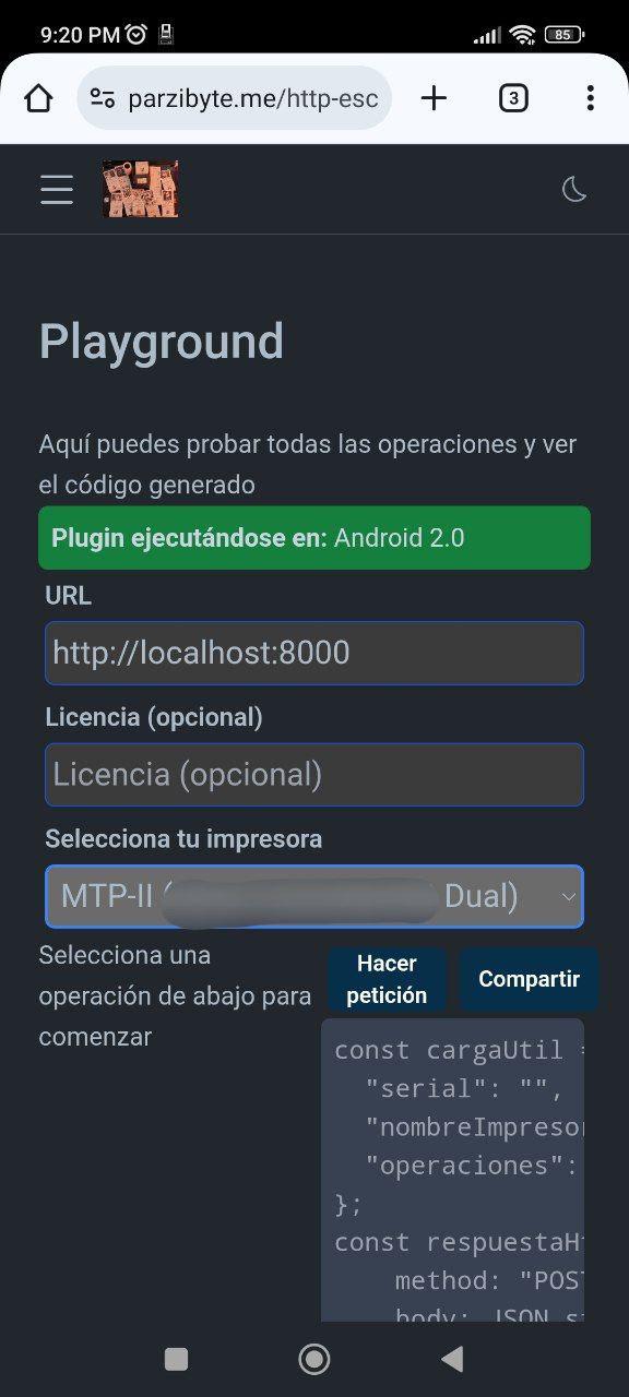 Captura de pantalla de un teléfono Android en el navegador Chrome. Se muestra el área de pruebas para hacer pruebas en un plugin que permite imprimir en impresoras térmicas usando ESC POS y Bluetooth