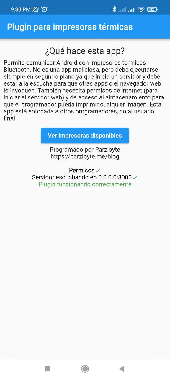 Comunicar Android con impresora térmica Bluetooth usando Plugin - Servidor iniciado