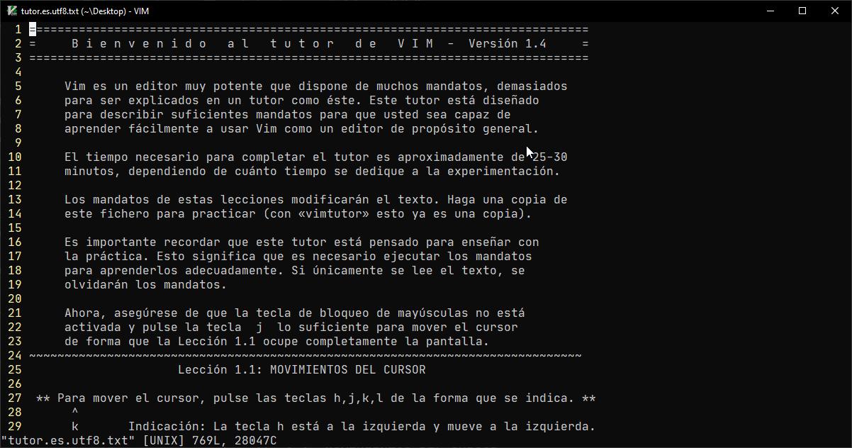 Tutor de vim - Introducción a vim en Windows