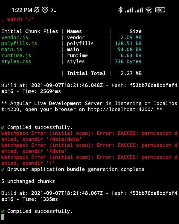 Aplicación de Angular compilada correctamente usando móvil