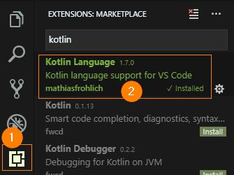 Buscar kotlin en extensiones de VSCode e instalar Kotlin Language