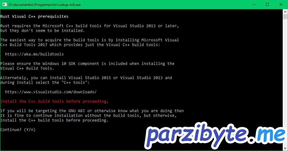 Rust instalación 1 - Instalar Visual CPP si es necesario