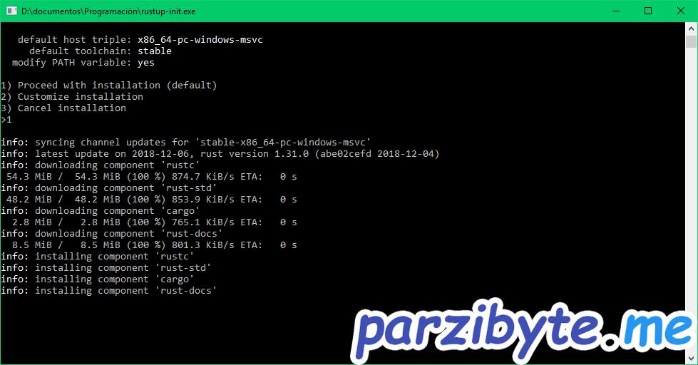 Rust instalación 2.1 - Instalar y descargar componentes como rustc, rust-std, cargo y rust-docs