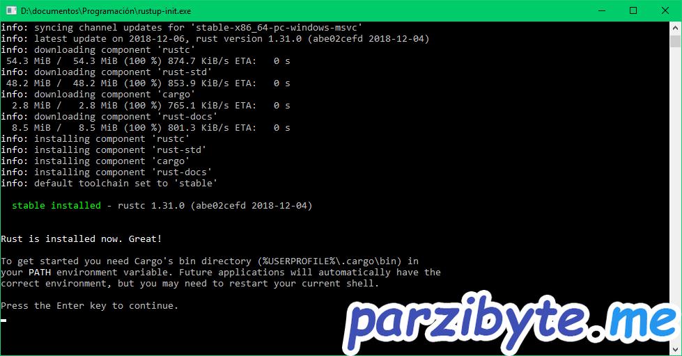 Rust instalación 4 - Instalación terminada, configurar cargo