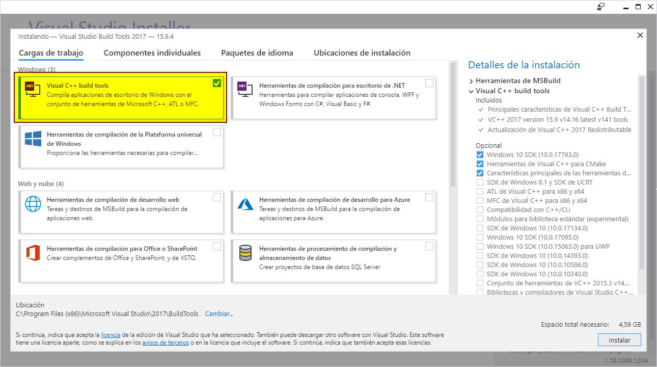 Rust instalación 7 - Elegir componentes de Visual Studio