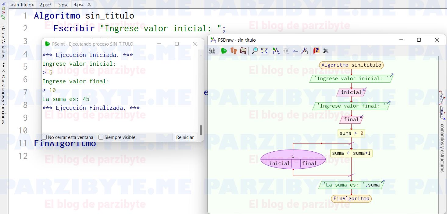 PSeInt - suma de valores entre inicio y final - Ejercicio resuelto
