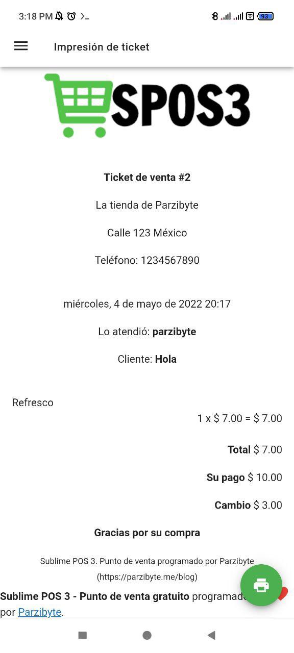 Factura o ticket de venta creado por app móvil de Sistema de ventas para Android