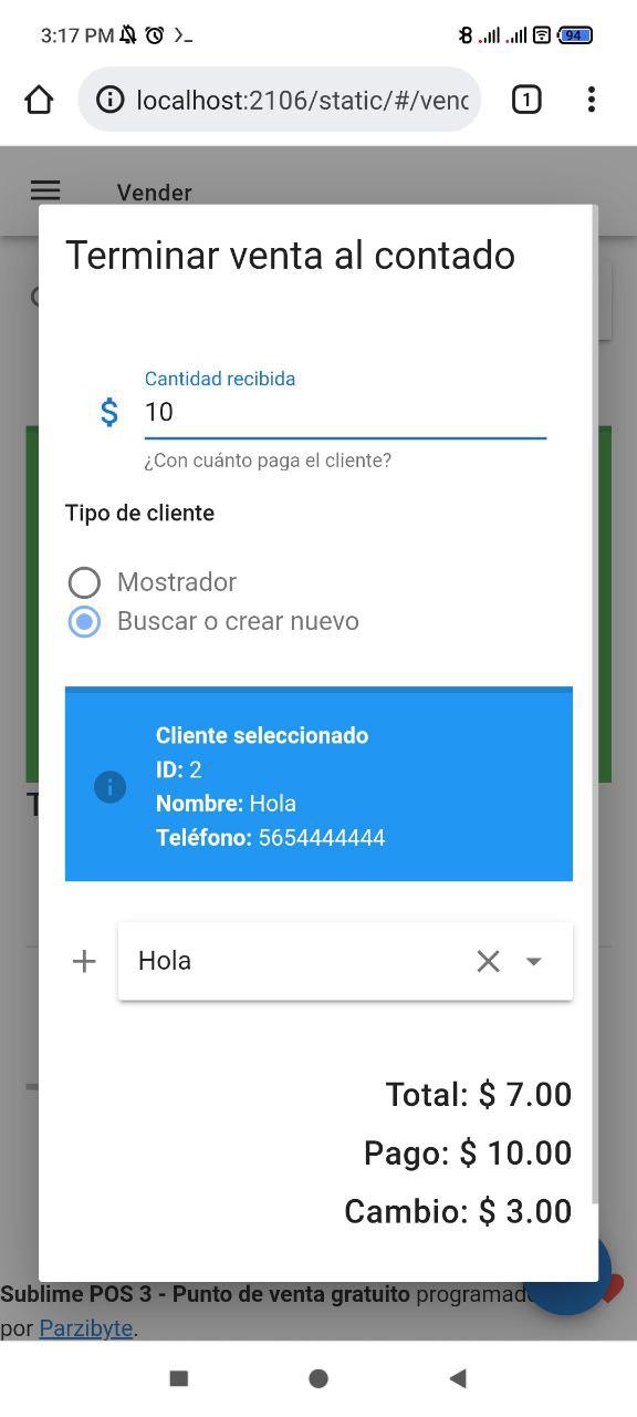 Terminando venta al contado seleccionando cliente en PDV móvil