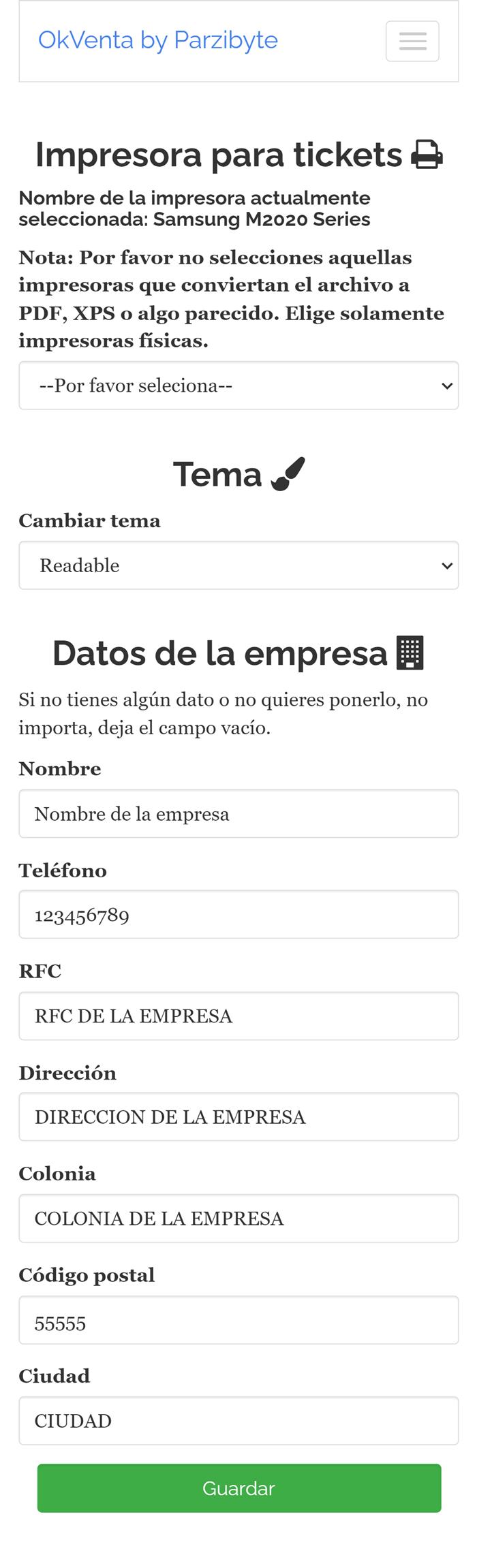 Ajustes de impresora, datos de empresa y tema