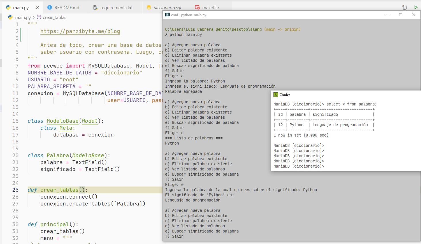 Ejemplo completo de Python, Peewee y MySQL MariaDB