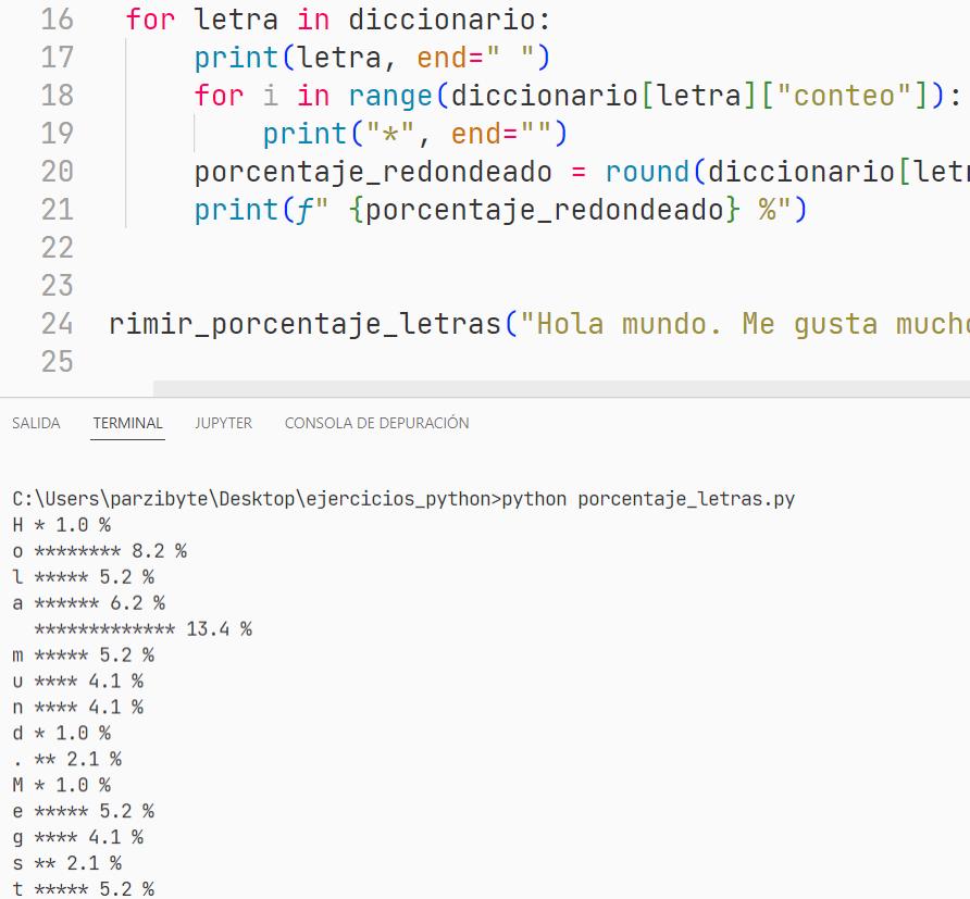 Cantidad de veces que aparece letra con porcentaje en Python - Programación