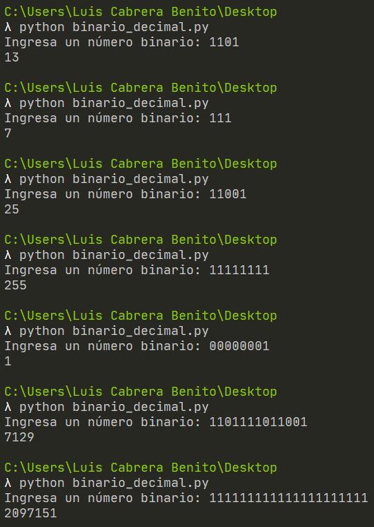Convertir binario a decimal en Python - Ejecución del programa