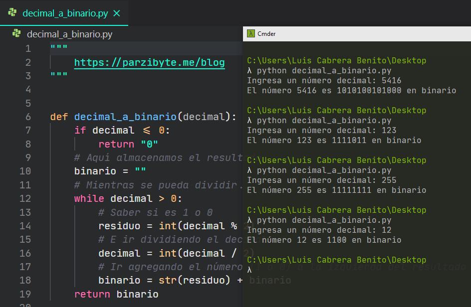 Convertir decimal a binario en Python