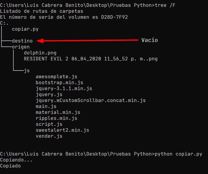 Copiar contenido de directorio con Python - Mostrar contenido y ejecutar script