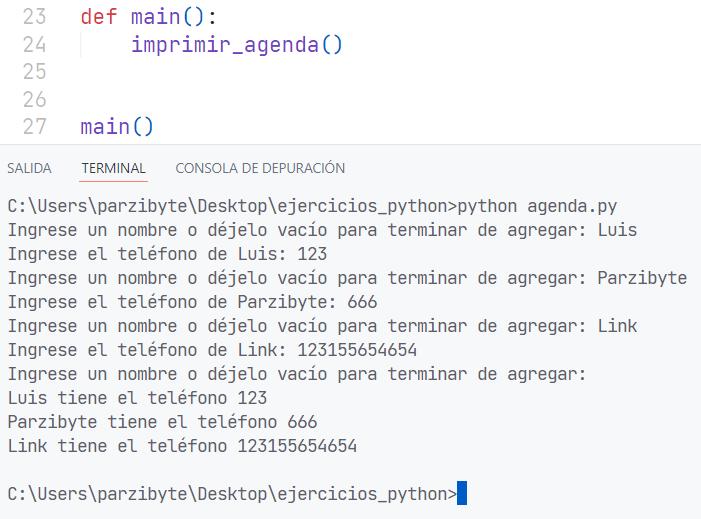 Ejercicio resuelto en Python - Agenda con nombre y teléfono en diccionario