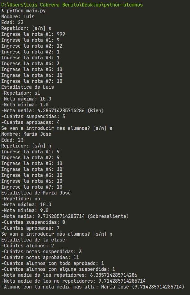 Python - Ejercicio resuelto de calificaciones y estadísticas de alumnos