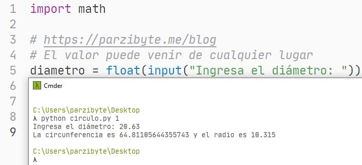 Python - Circunferencia y radio de círculo a partir de diámetro