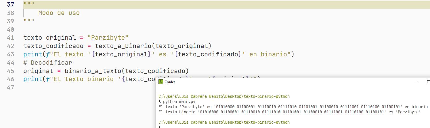 Traductor binario texto en Python - Ejecución del código