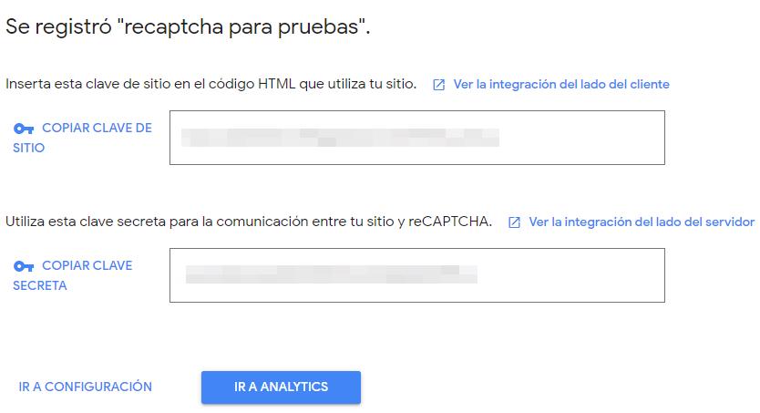 Clave de sitio y clave secreta para reCAPTCHA v2