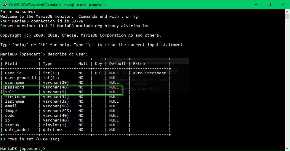 Ubicación de sal y contraseña de usuario en base de datos OpenCart