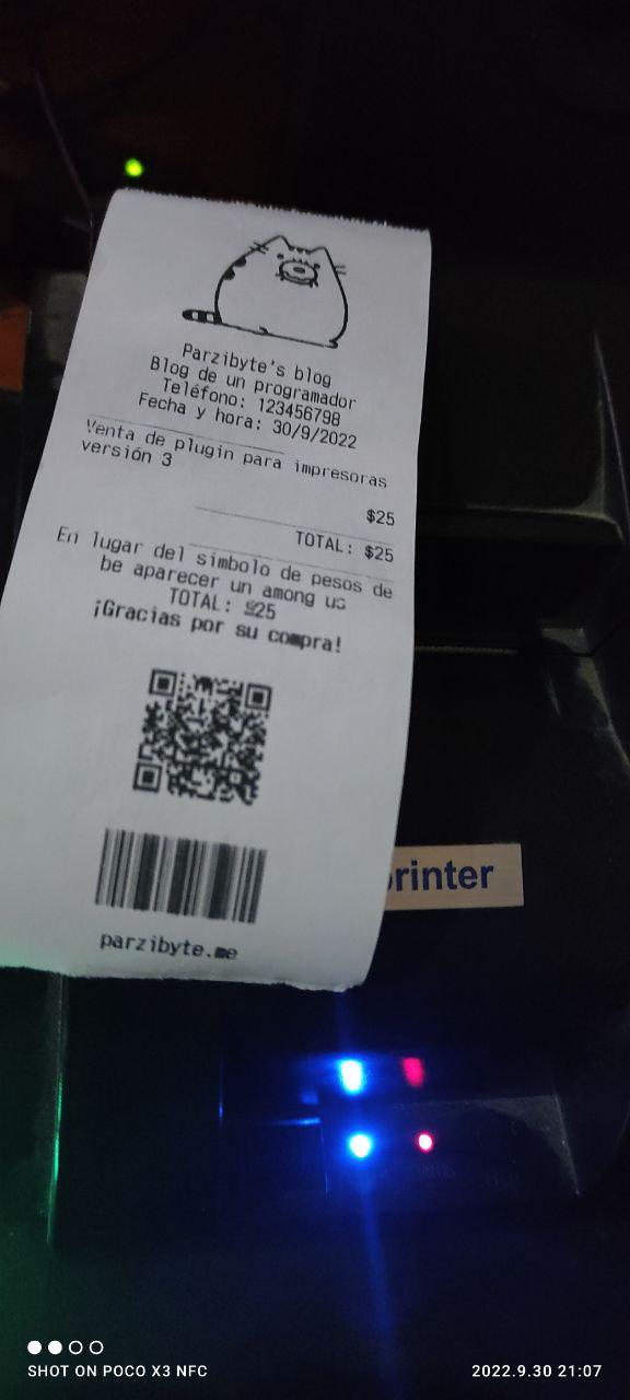 Ticket impreso con impresora Xprinter usando plugin - Soporta imágenes, códigos QR, de barras y acentos