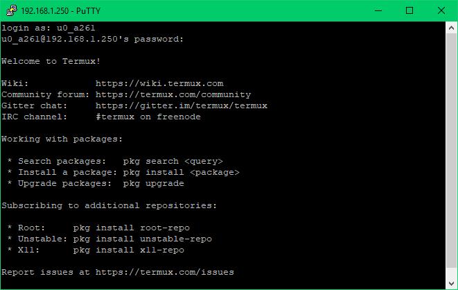 Conexión a servidor SSH en Termux, usando Putty en Windows