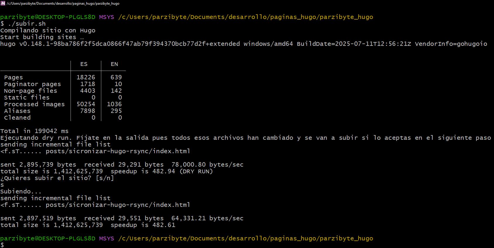 Terminal mostrando compilación de GoHugo, prueba dry-run con Rsync y subida después de confirmación de usuario