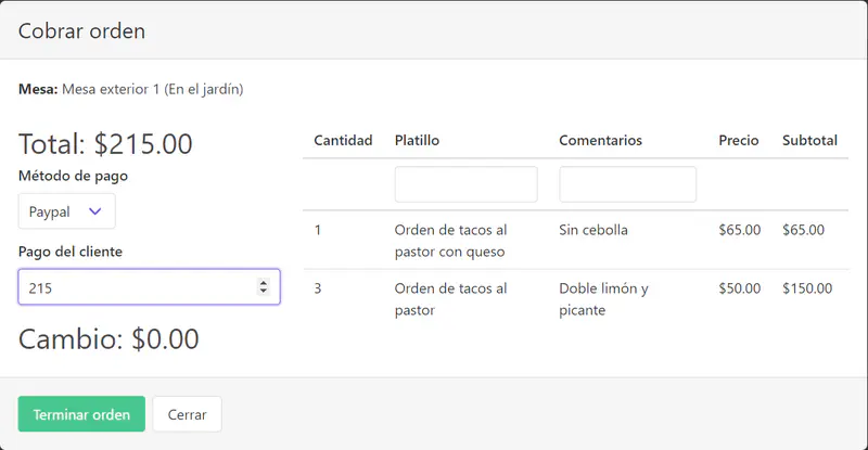 Captura de sistema de restaurantes