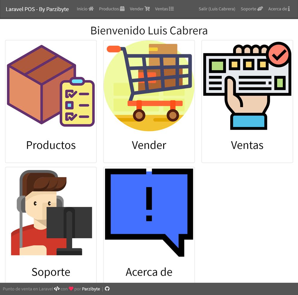 Bienvenida al sistema de ventas - Índice con opciones para vender, ver productos o ventas