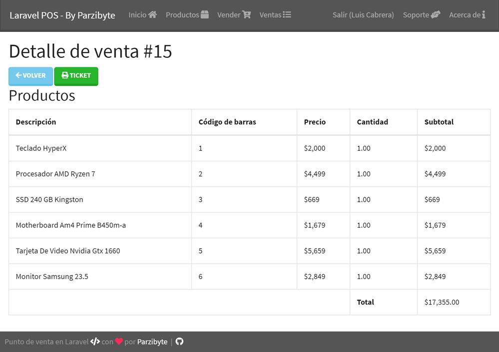 Detalle de venta con opción para imprimir ticket
