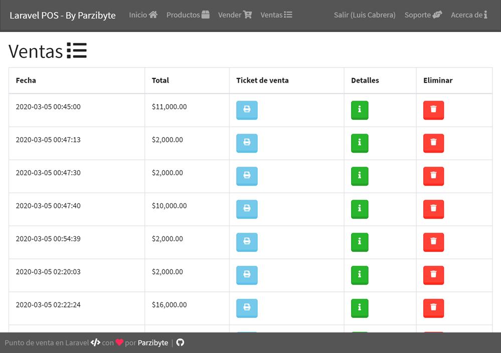 Reporte de ventas con total y fecha