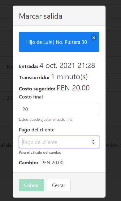 Marcar salida de evento - Cobrar por tiempo