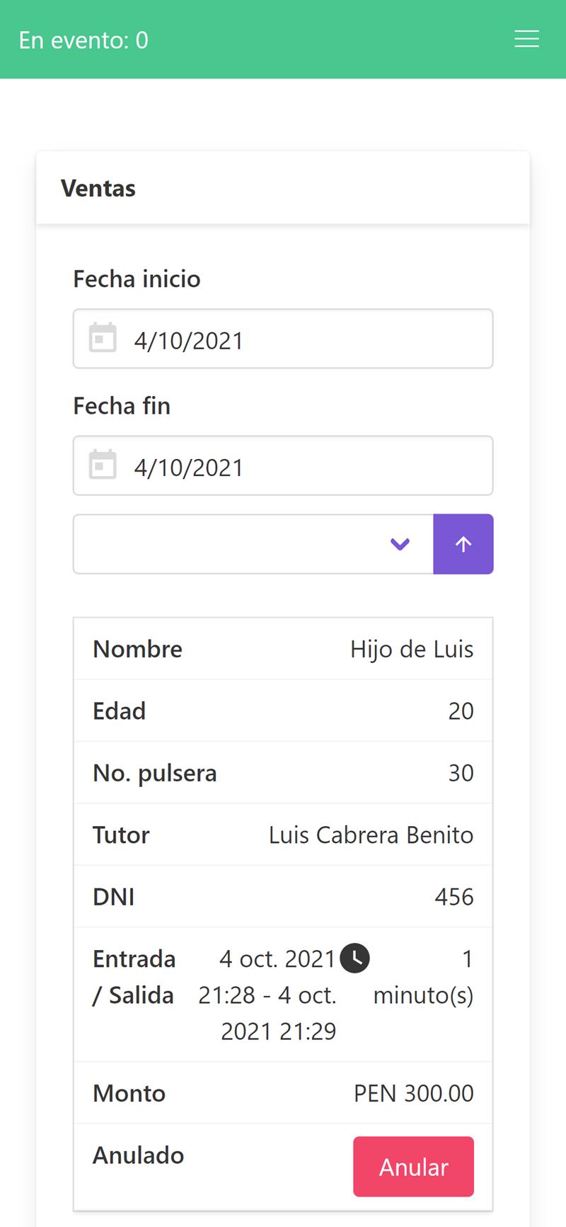 Programa de boletería, eventos y control de tiempo en iPhone X