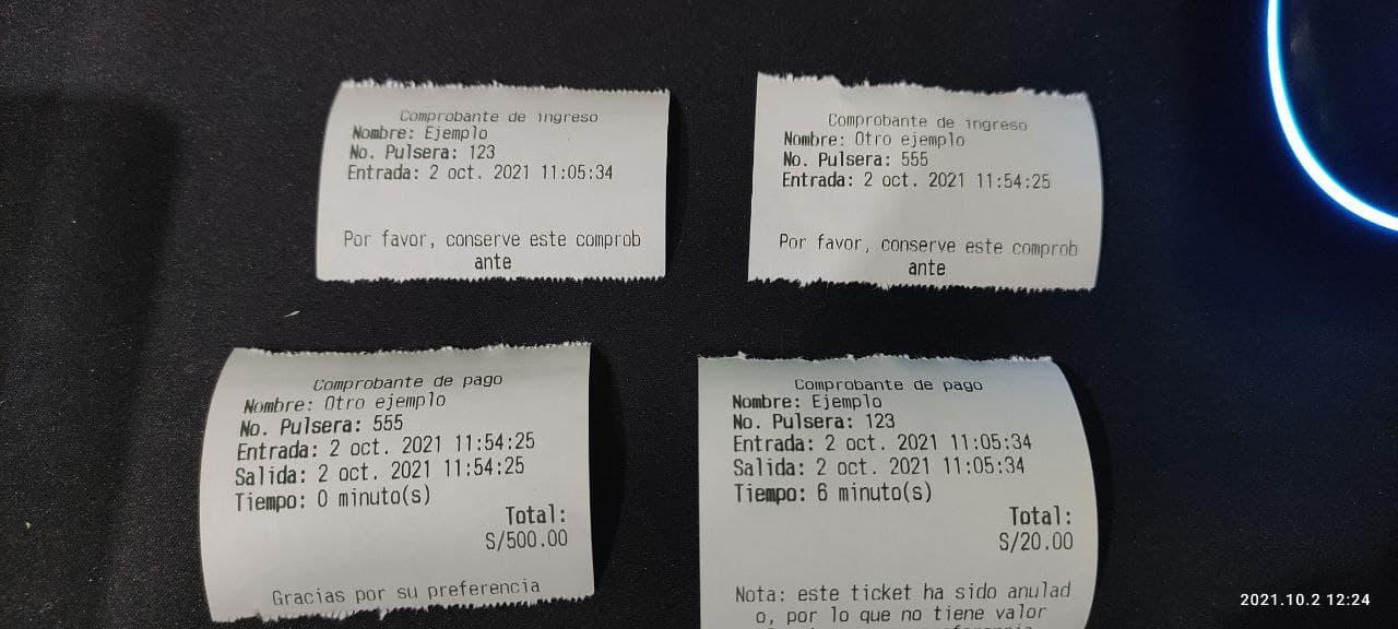 Tickets del sistema de eventos con cobro por tiempo - Impresos con impresora térmica