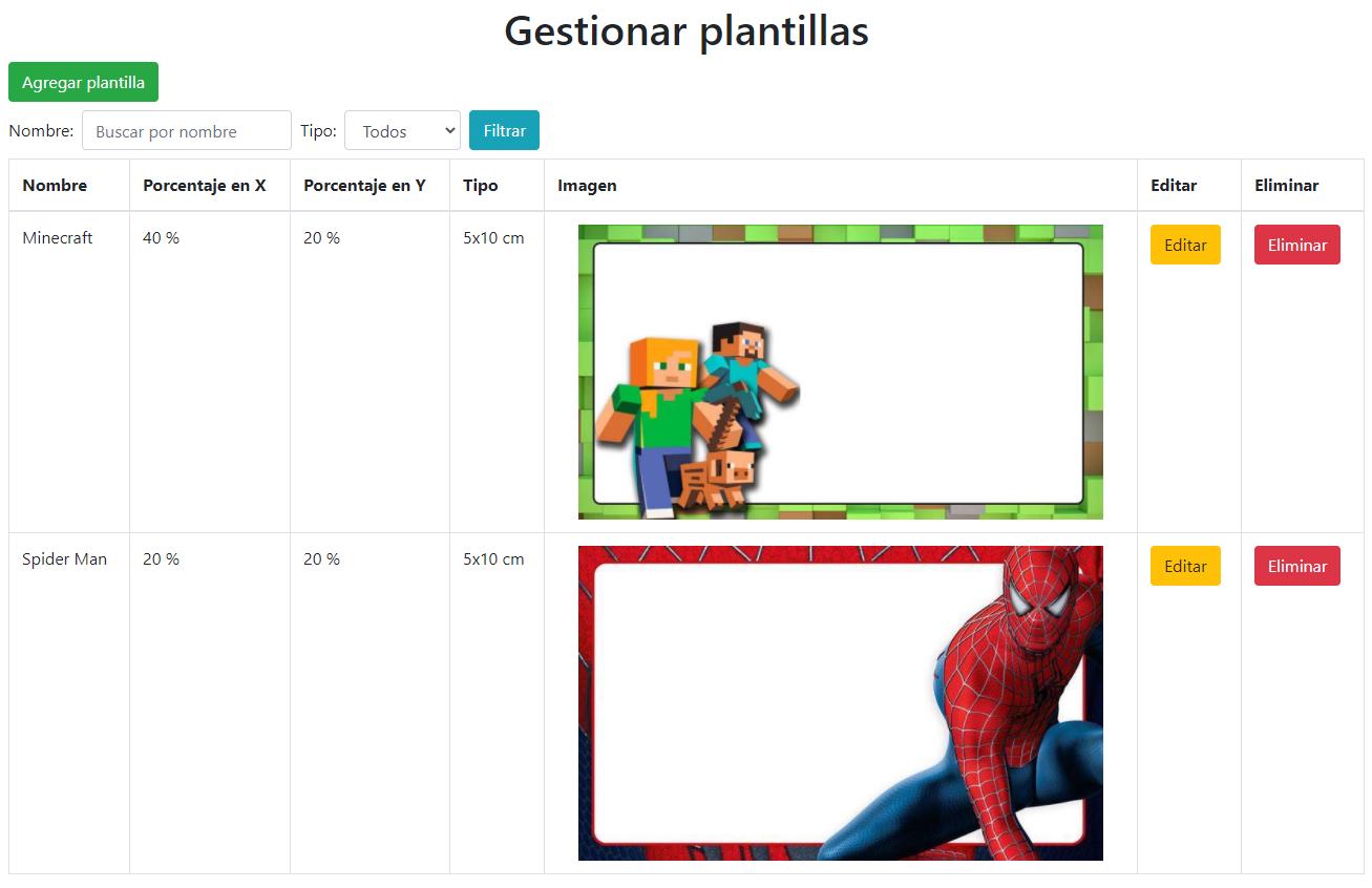 Administrador de plantillas - Software para etiquetas escolares en PHP