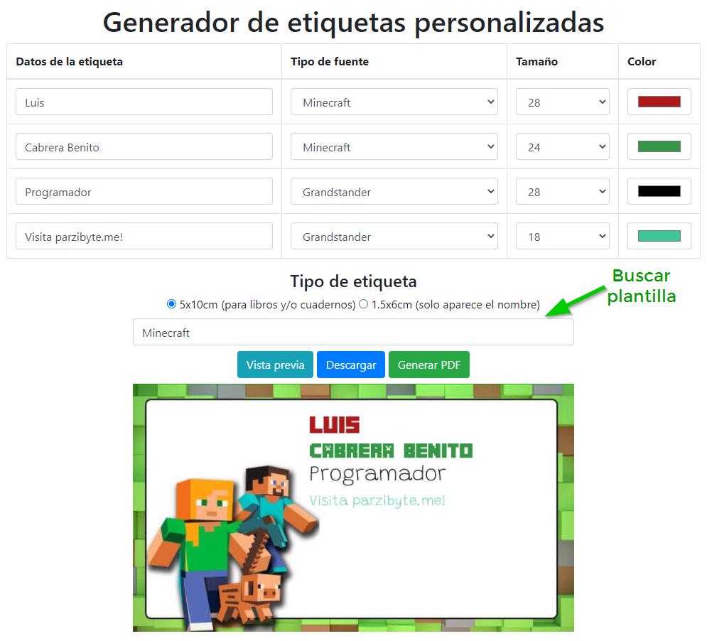 Creador de etiquetas escolares - Software web
