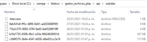 Contenido del directorio en donde se guardan los archivos