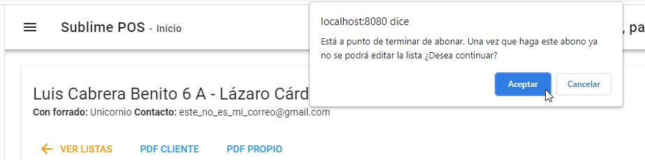 Confirmación para liquidar lista de útiles escolares con software gestor