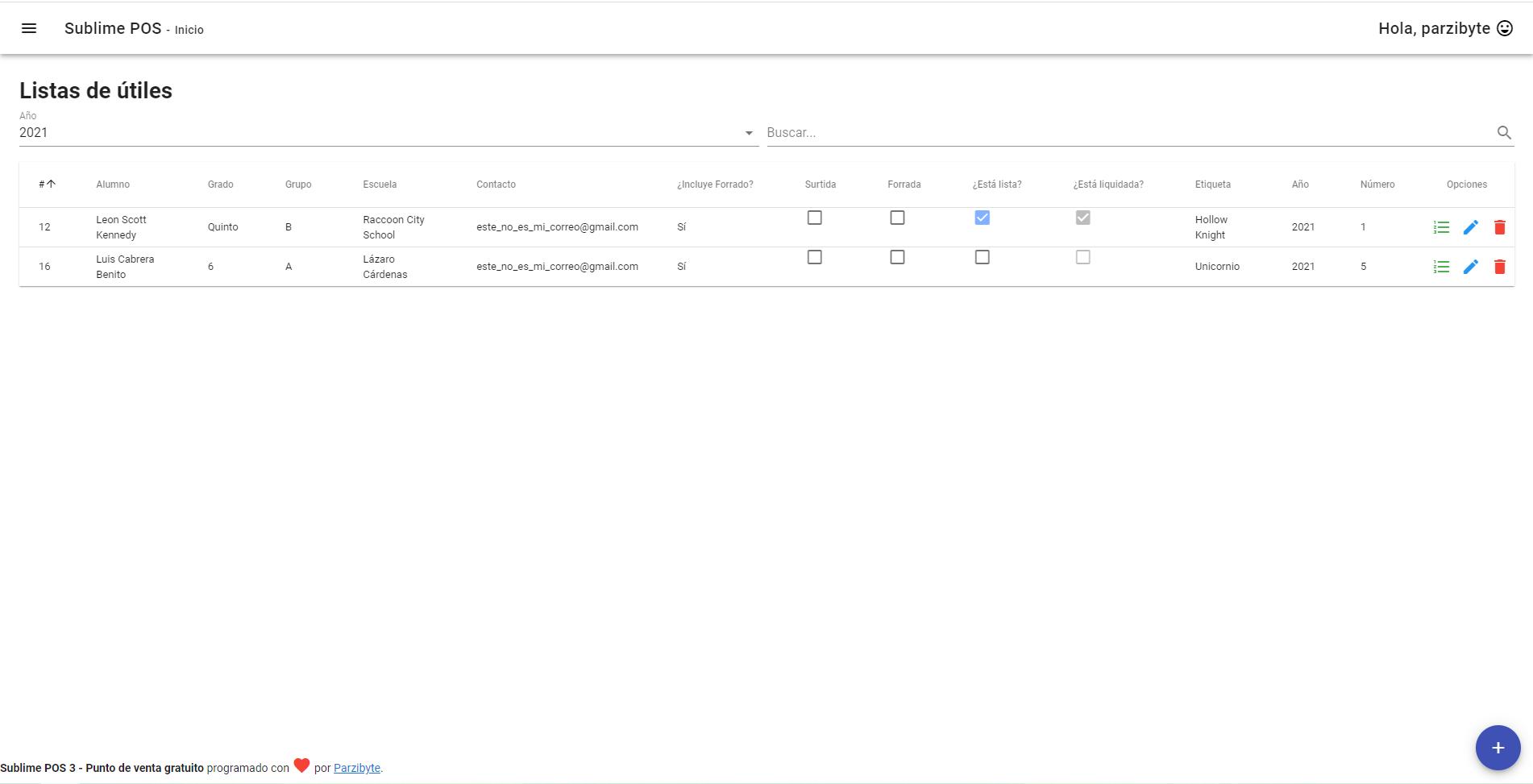 Listas de útiles con registro de alumno, productos y detalles