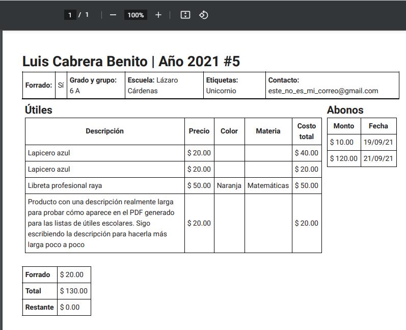 PDF para cliente - Detalle de alumno, abonos y lista de productos escolares
