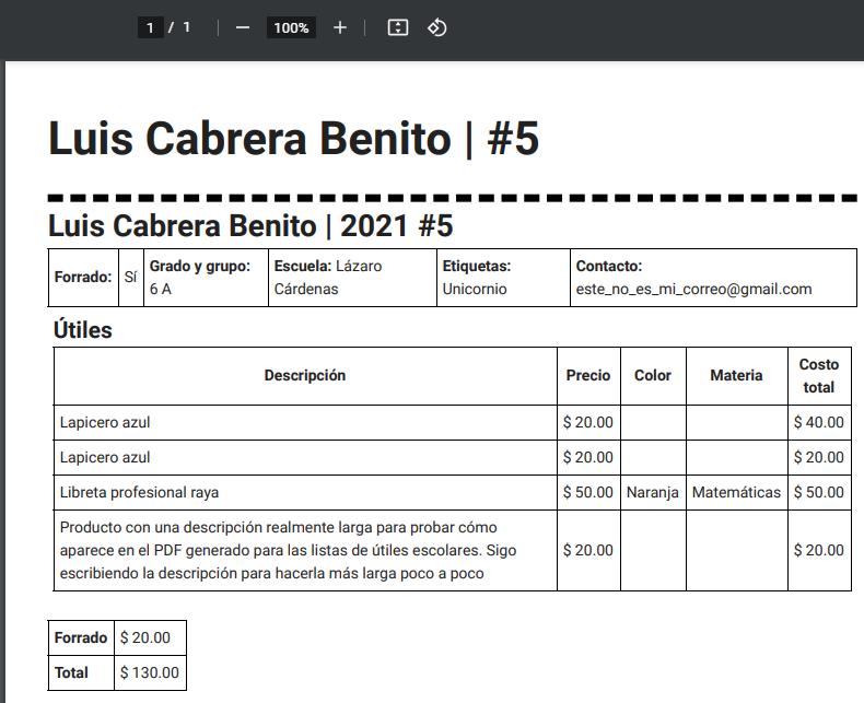 PDF para el usuario - Detalle de lista de útiles