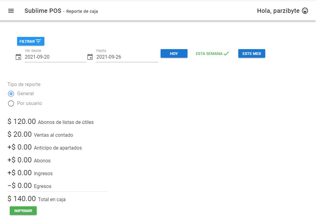 Reporte de caja con abonos de listas de productos escolares