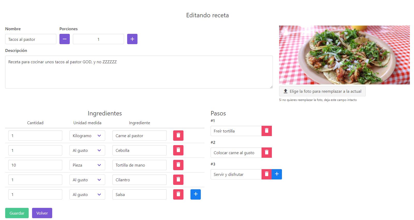 Editando receta - Modificar pasos, foto, ingredientes, nombre, porciones o descripción