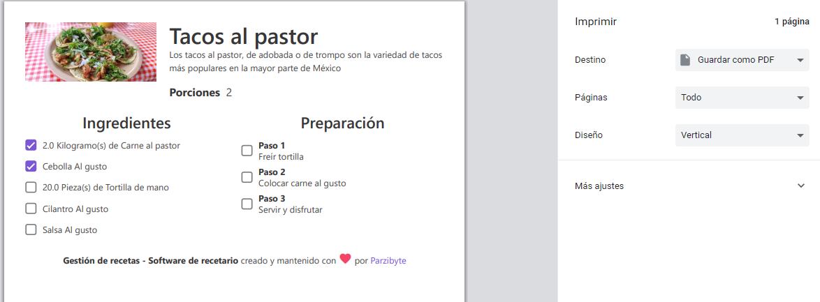 Imprimiendo receta con software gestor de recetas