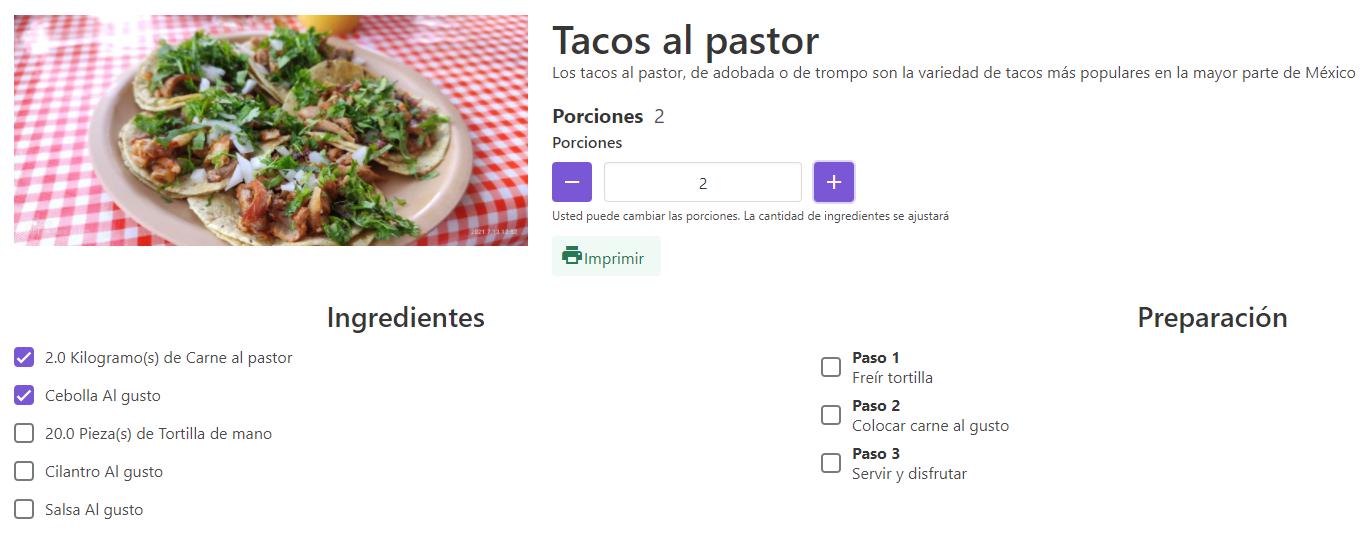 Ver receta con ingredientes y pasos para marcar e imprimir