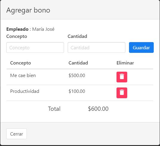 Agregar bono a empleado - Software web para control de maquila