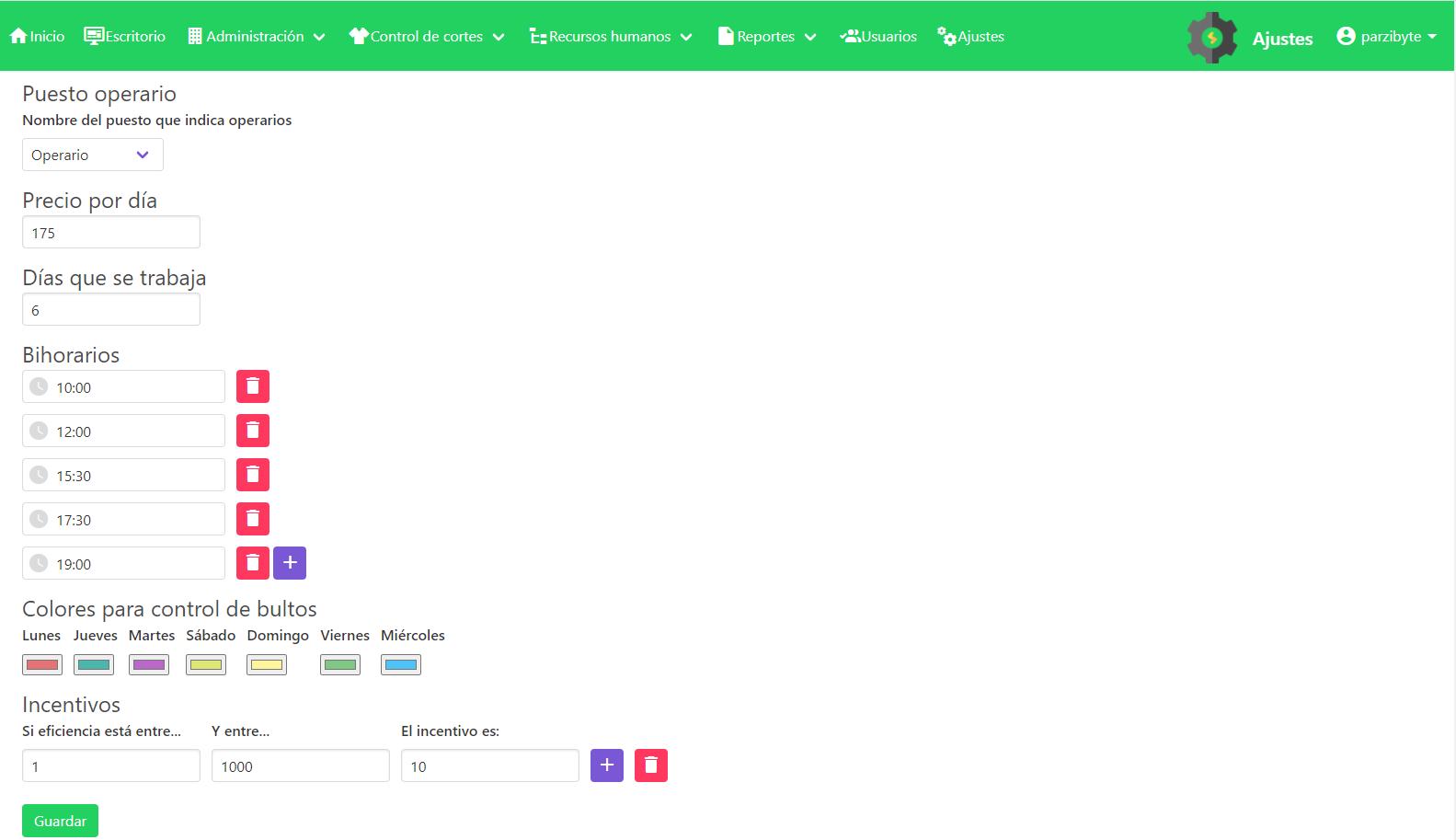 Ajustes del sistema - Colores para control de bultos, bihorarios, incentivos, etcétera