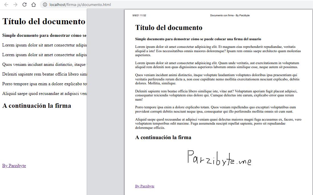 Documento con firma de usuario con JavaScript - Imprimir o guardar como PDF