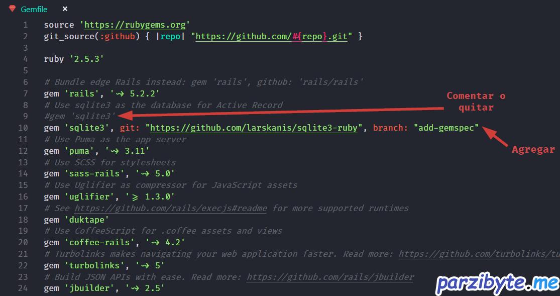 Modificar gemfile para instalar gema de SQLite3 de otra manera