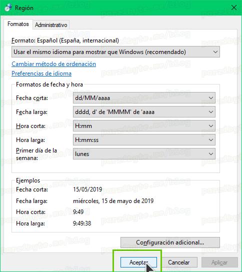 6 - Cerrar diálogo de configuración regional